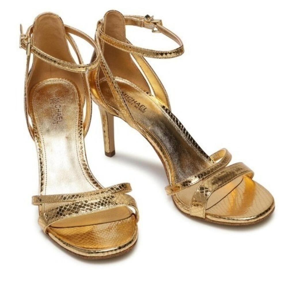 Michael Kors Gold Metallic Snakeskin Ankle Strap Heels Sandals Womens Size ‎ 10M